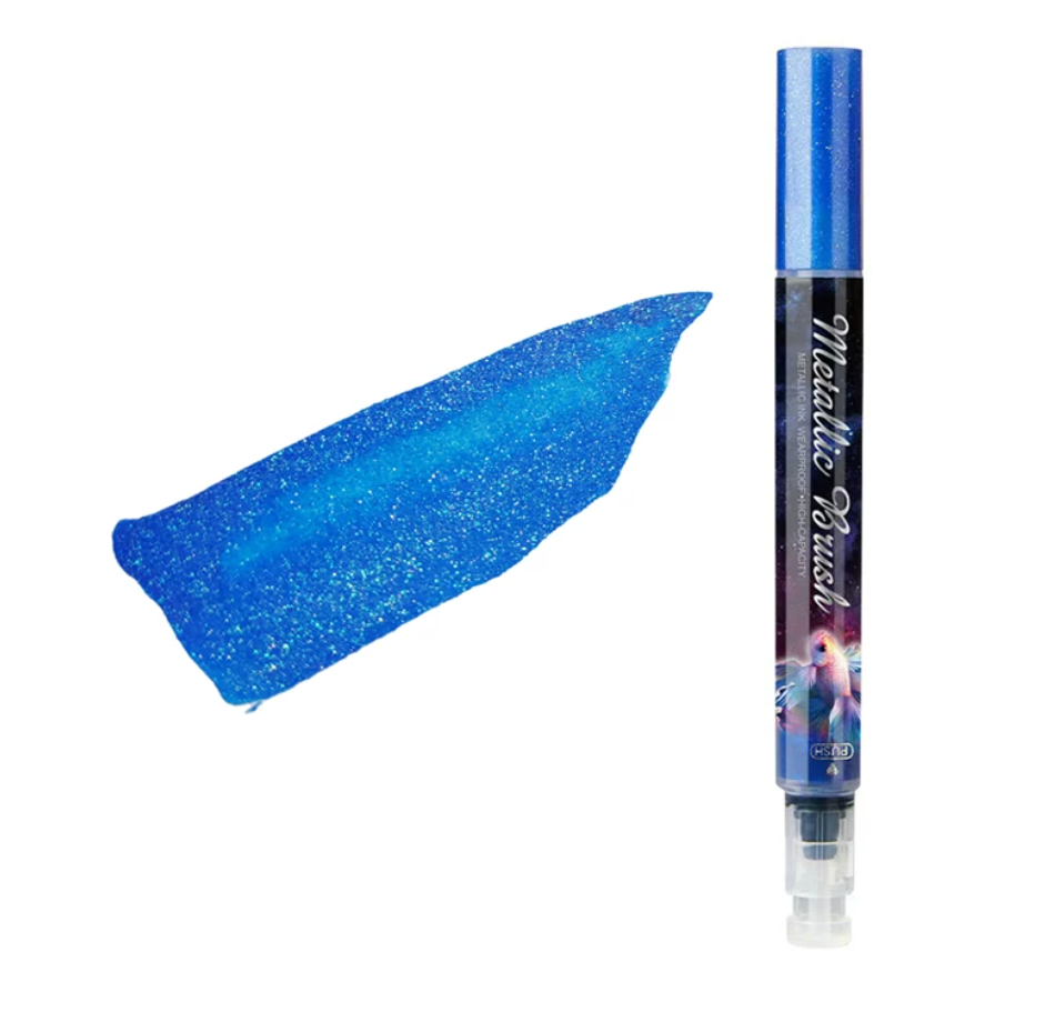 Metallic brush highlighter pen with shimmer ink, colored cap, and brush tip for lettering and notes