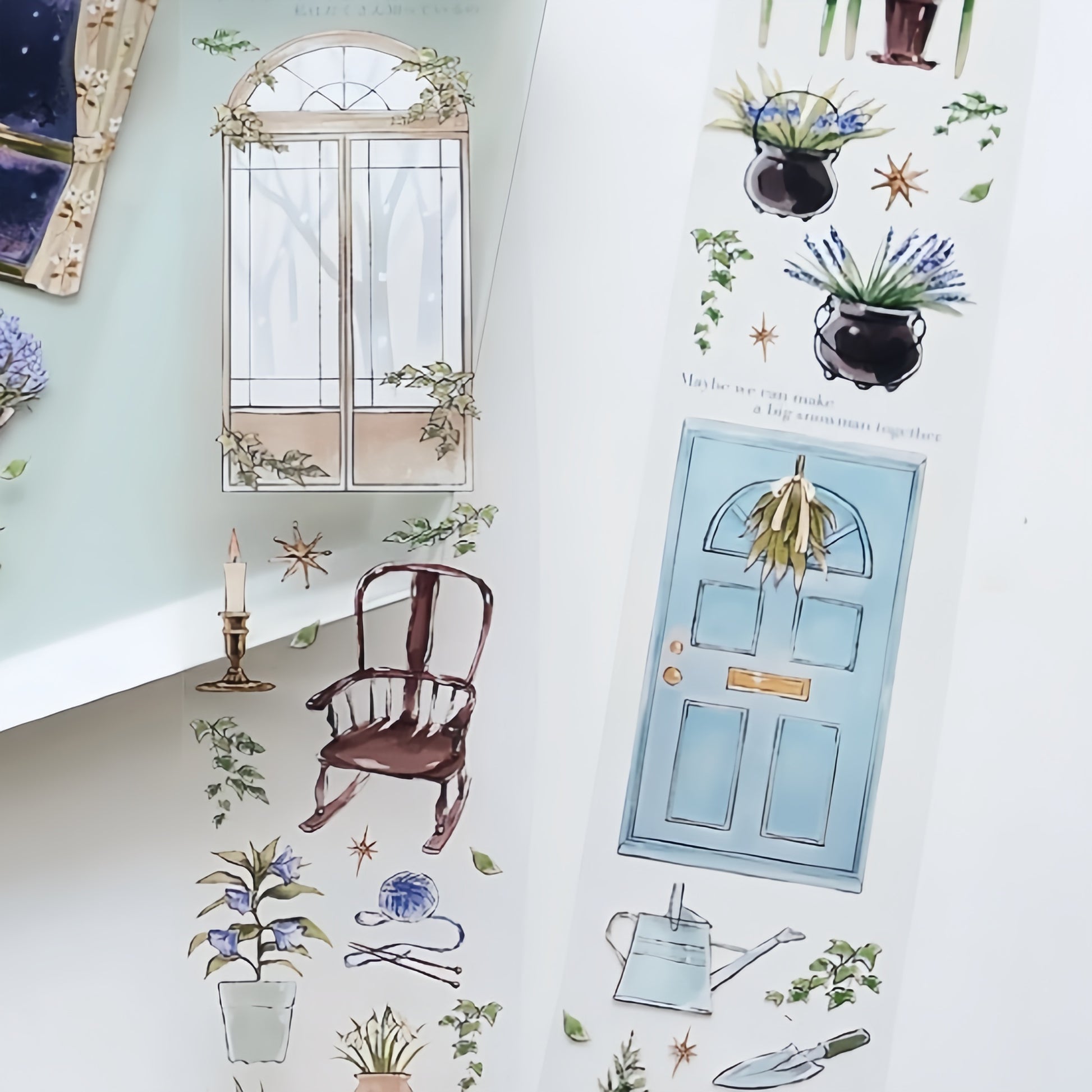 Warm winter room decorative tape with cozy window background scenes