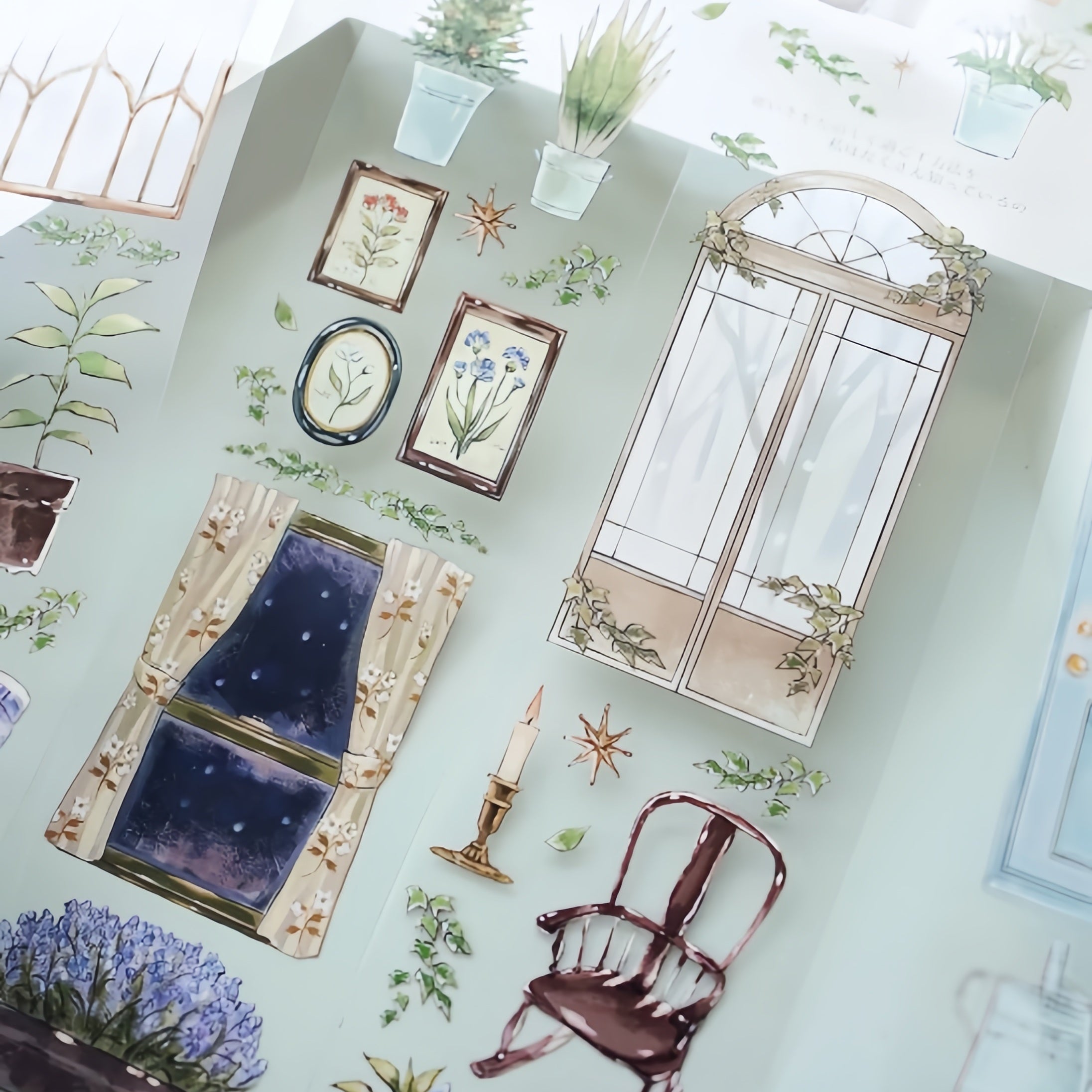Warm winter room decorative tape with cozy window background scenes