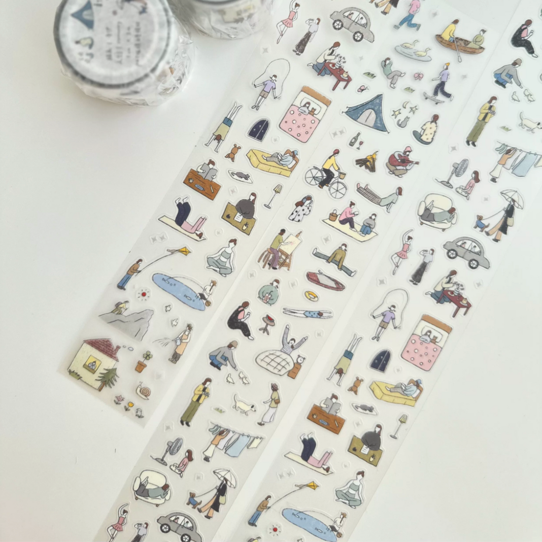 Everyday life decorative tape with tiny camping, hobby, and daily character illustrations