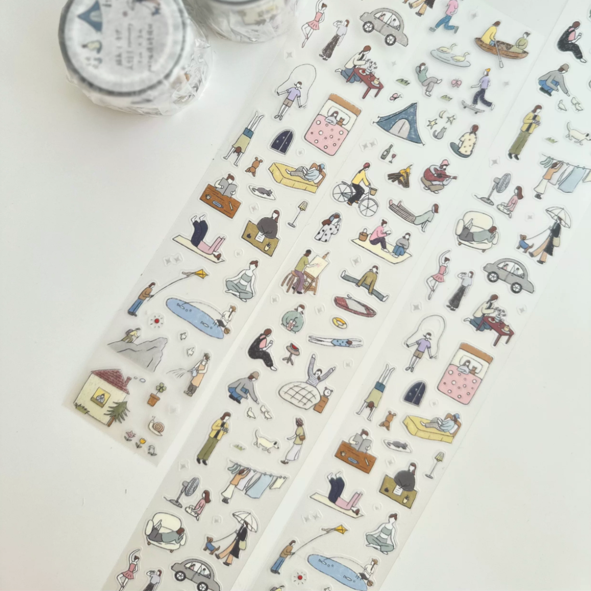 Everyday life decorative tape with tiny camping, hobby, and daily character illustrations