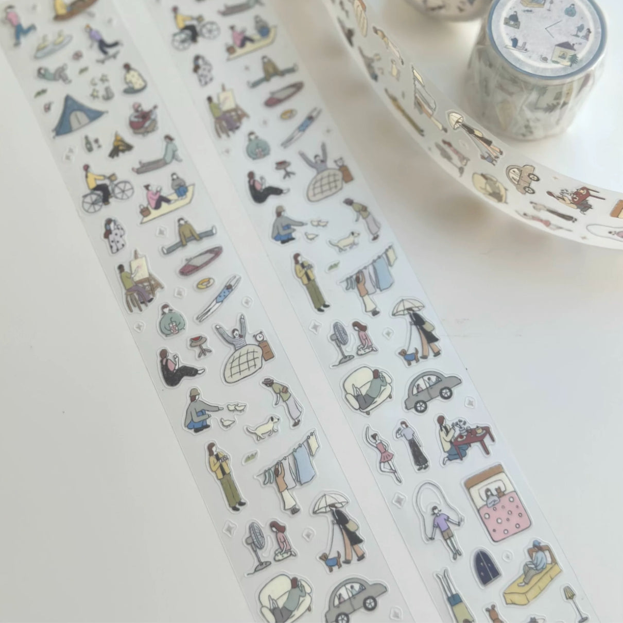 Everyday life decorative tape roll with tiny daily routine illustrations