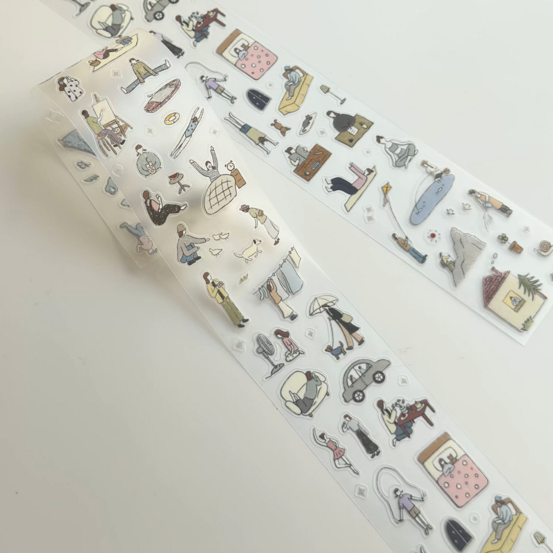 Everyday life decorative tape with tiny camping, hobby, and daily character illustrations