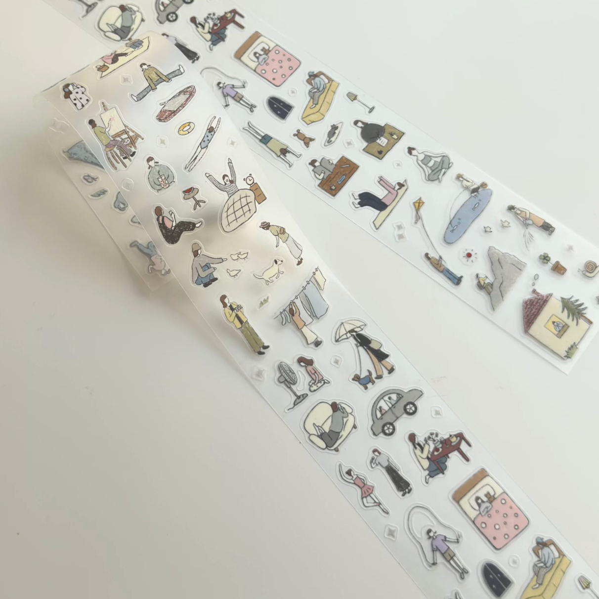 Everyday life tape strips with small characters, animals, and cozy activity icons