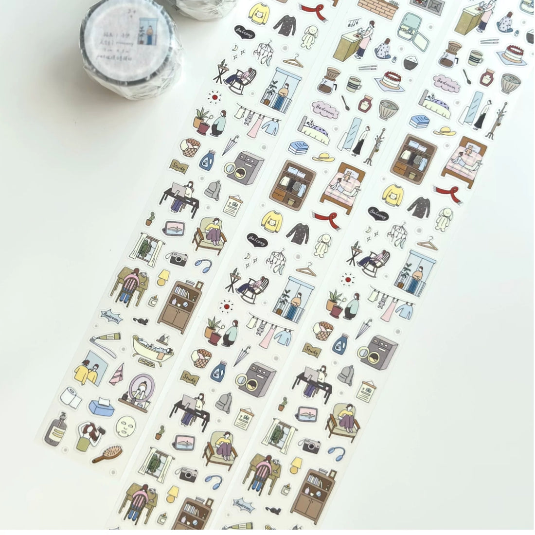 Cozy home diary decorative tape with tiny room, furniture, and home-life illustrations