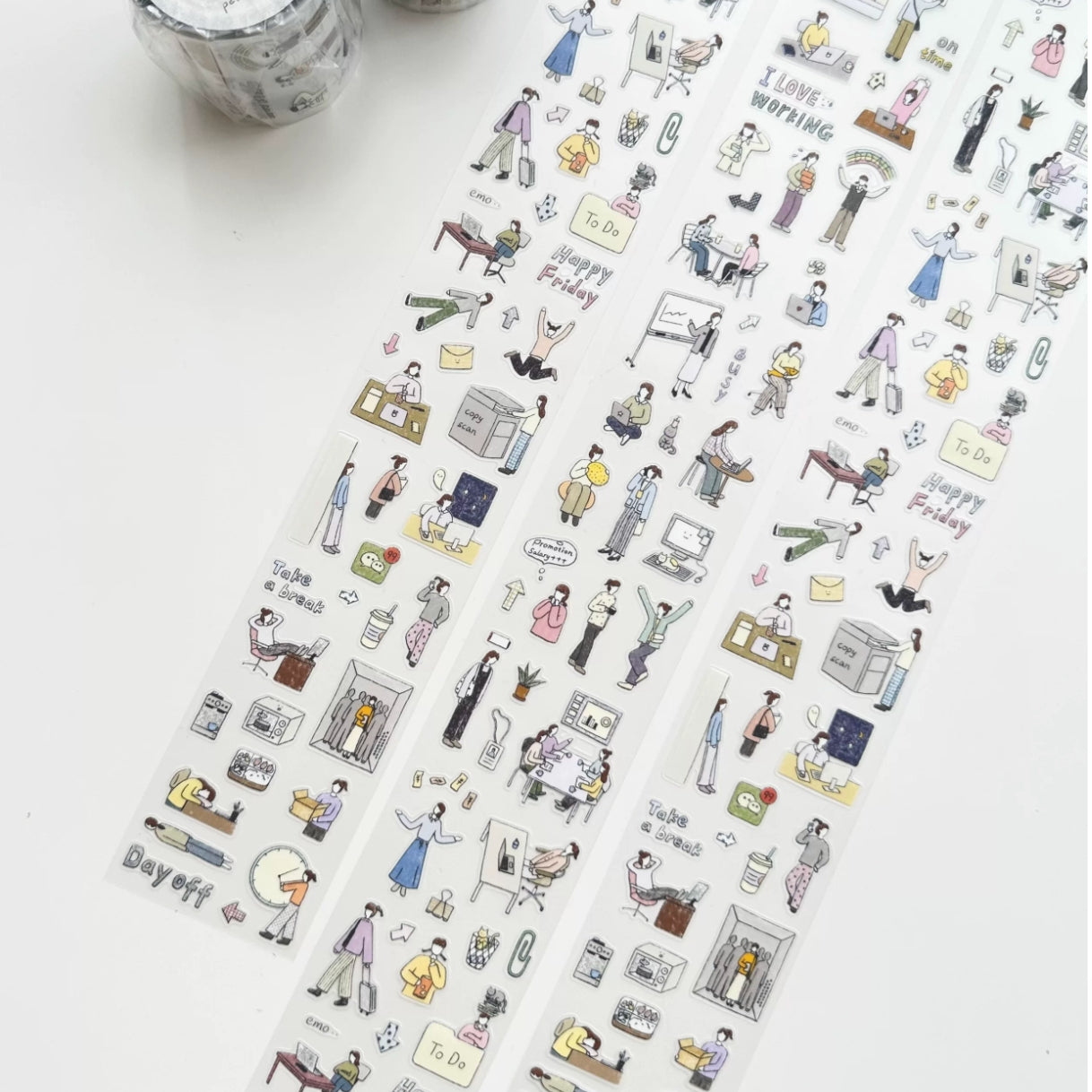 Workday life decorative tape with tiny office, commute, and daily object illustrations