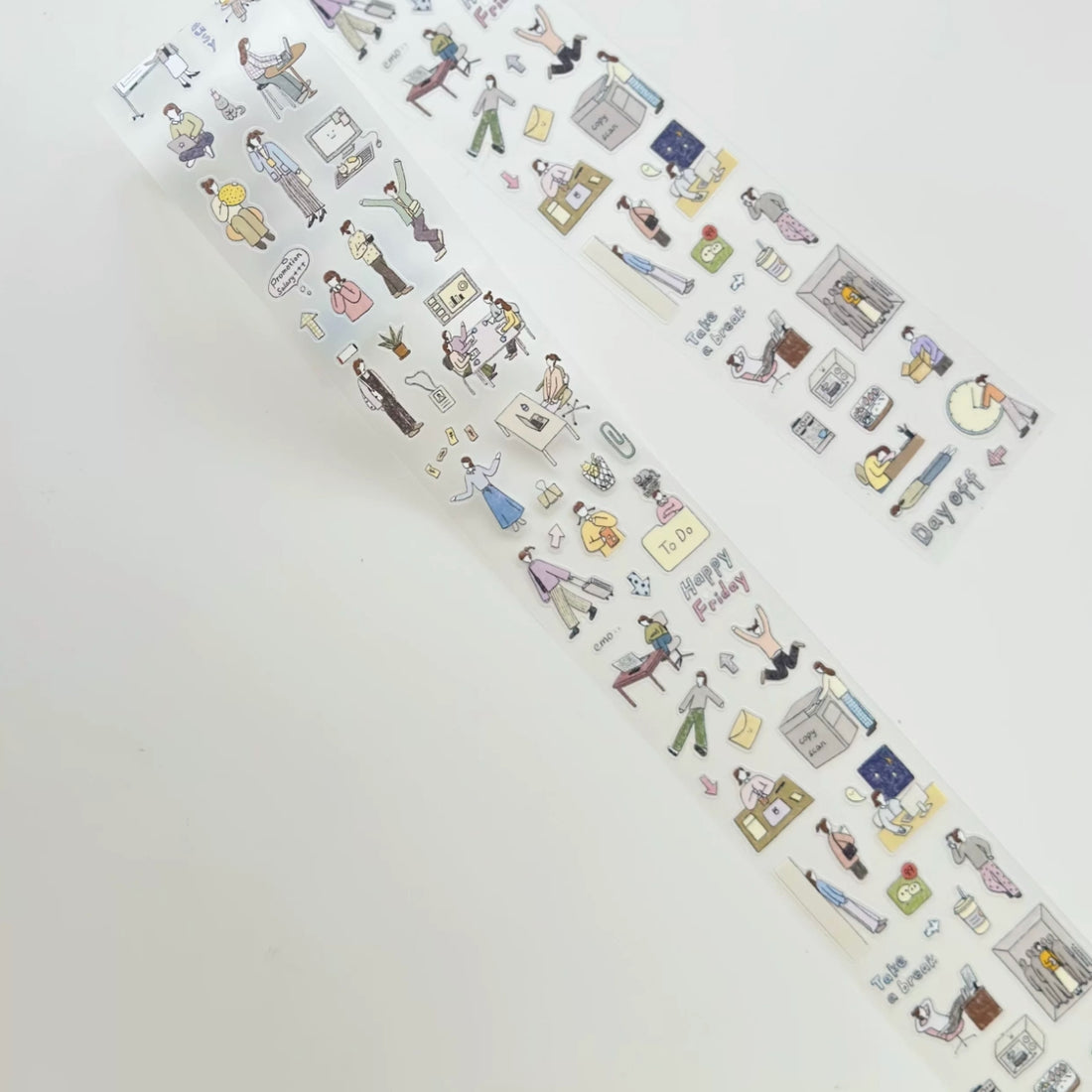 Workday life decorative tape with tiny office, commute, and daily object illustrations