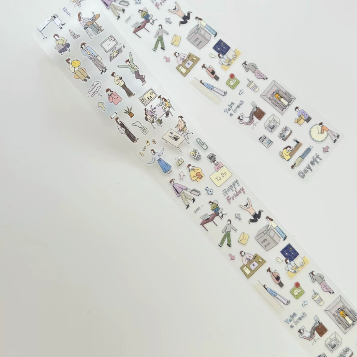 Workday life decorative tape strip with miniature desk, bag, and weekday scenes