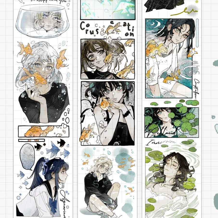 Drifting underwater character decorative tape with dreamy portraits and goldfish