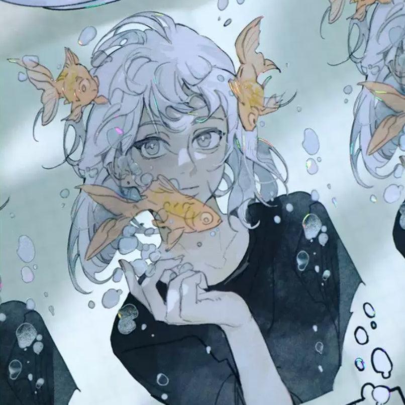 Underwater character tape close-up with pale-haired girl and floating fish
