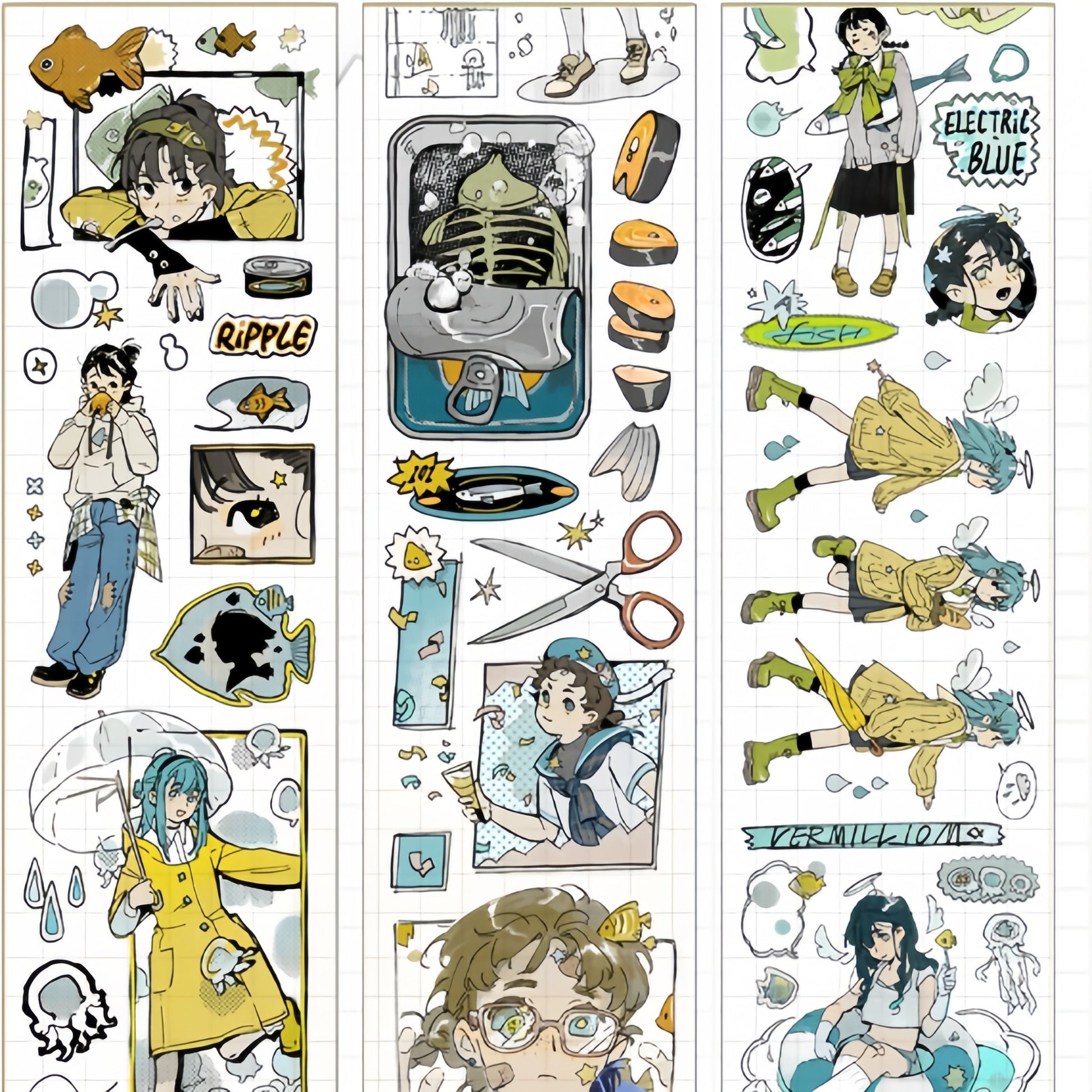 Tropical fish character tape with yellow coat girl, small fish icons, and ocean details