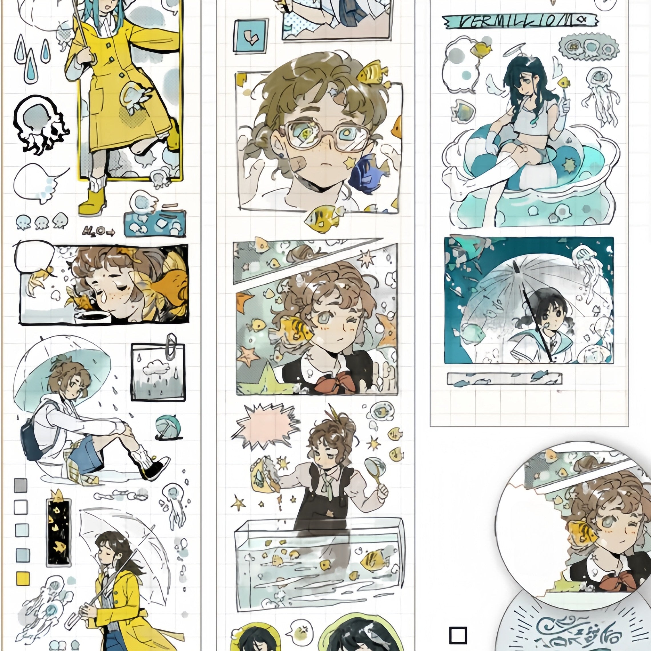 Tropical fish character decorative tape layout with portraits, fish, and aquarium scenes