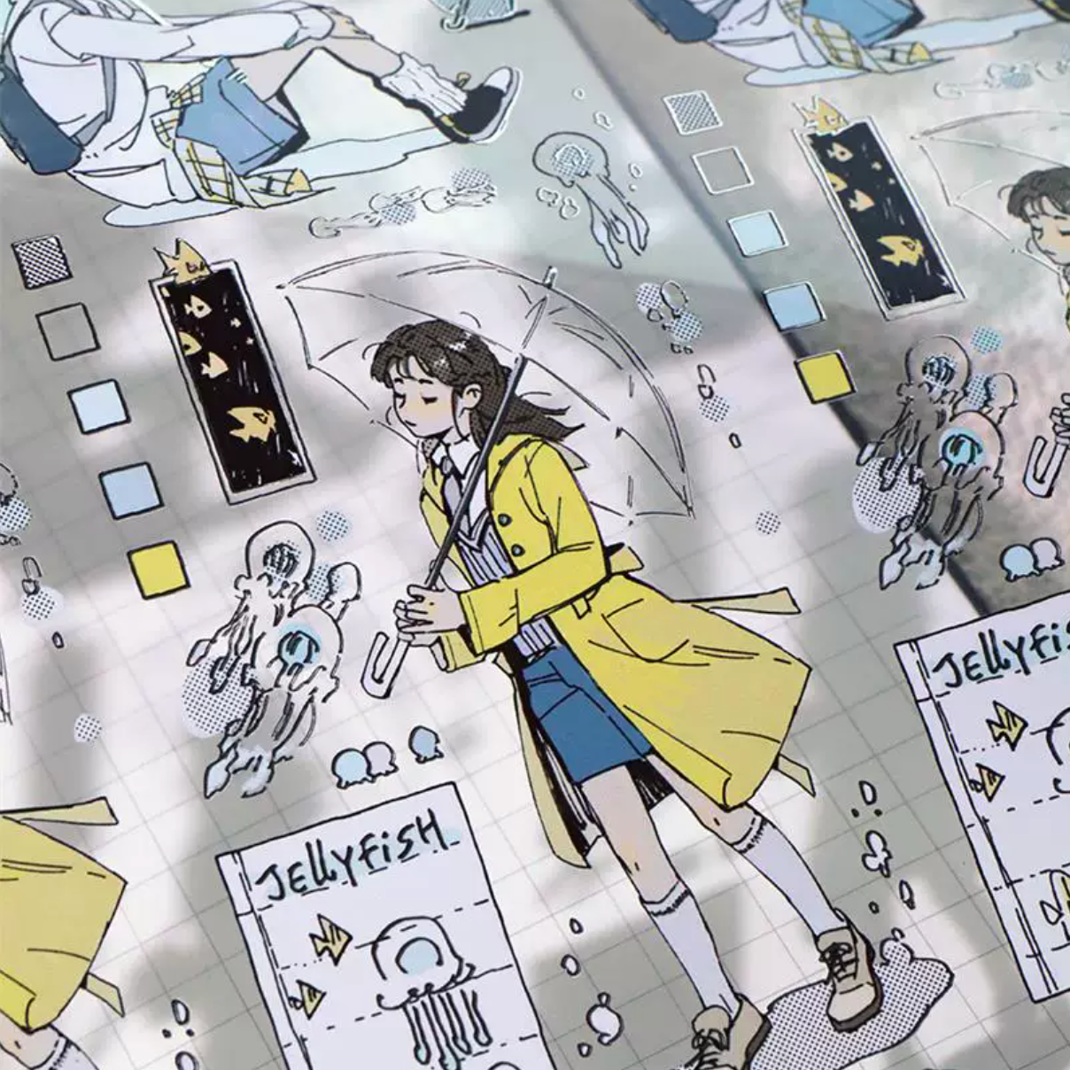 Tropical fish character decorative tape with yellow coat girl and comic-style sea motifs
