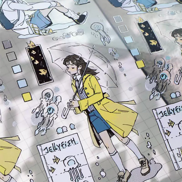 Tropical fish character decorative tape with yellow coat girl and comic-style sea motifs