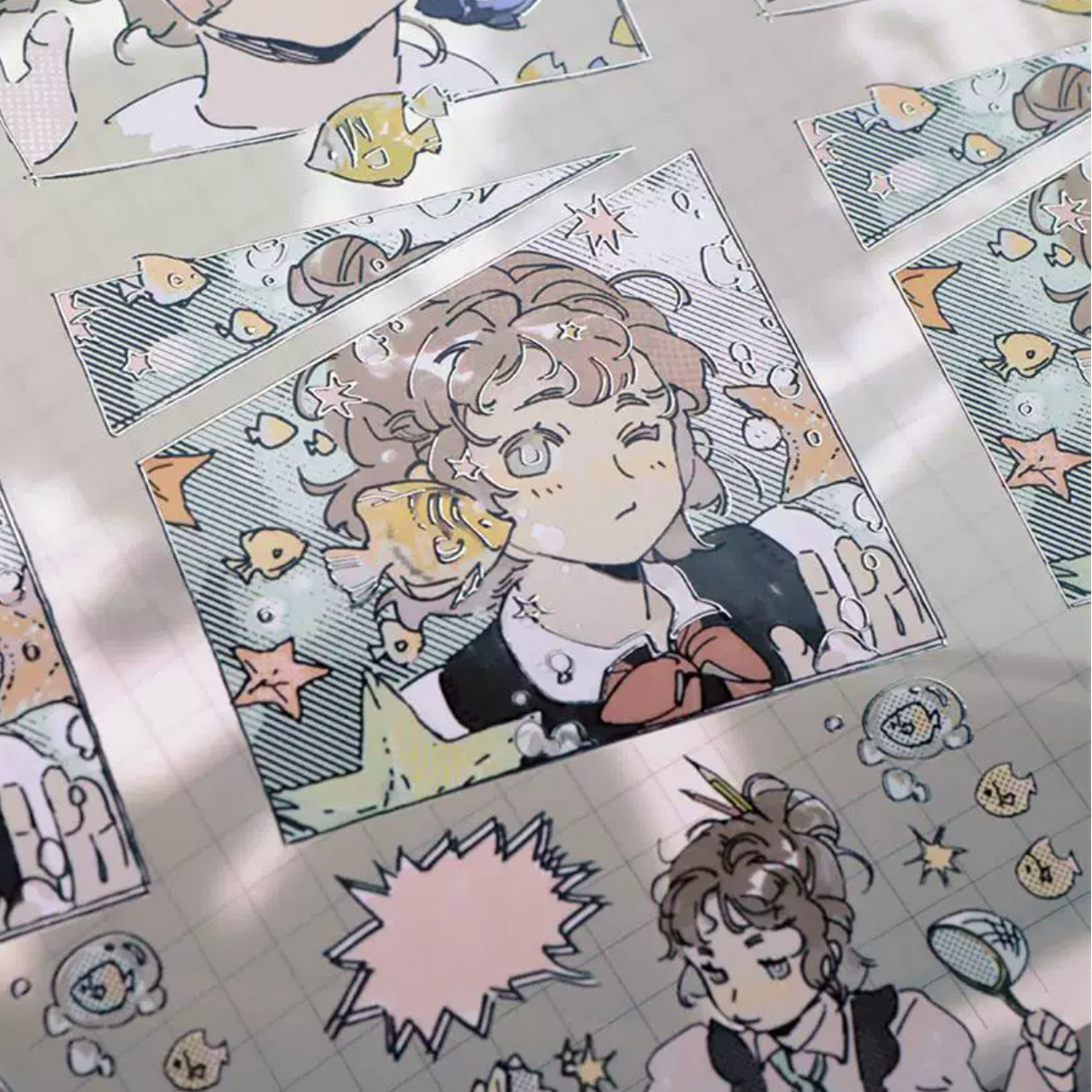 Tropical fish character tape close-up with comic portrait and sea creature accents