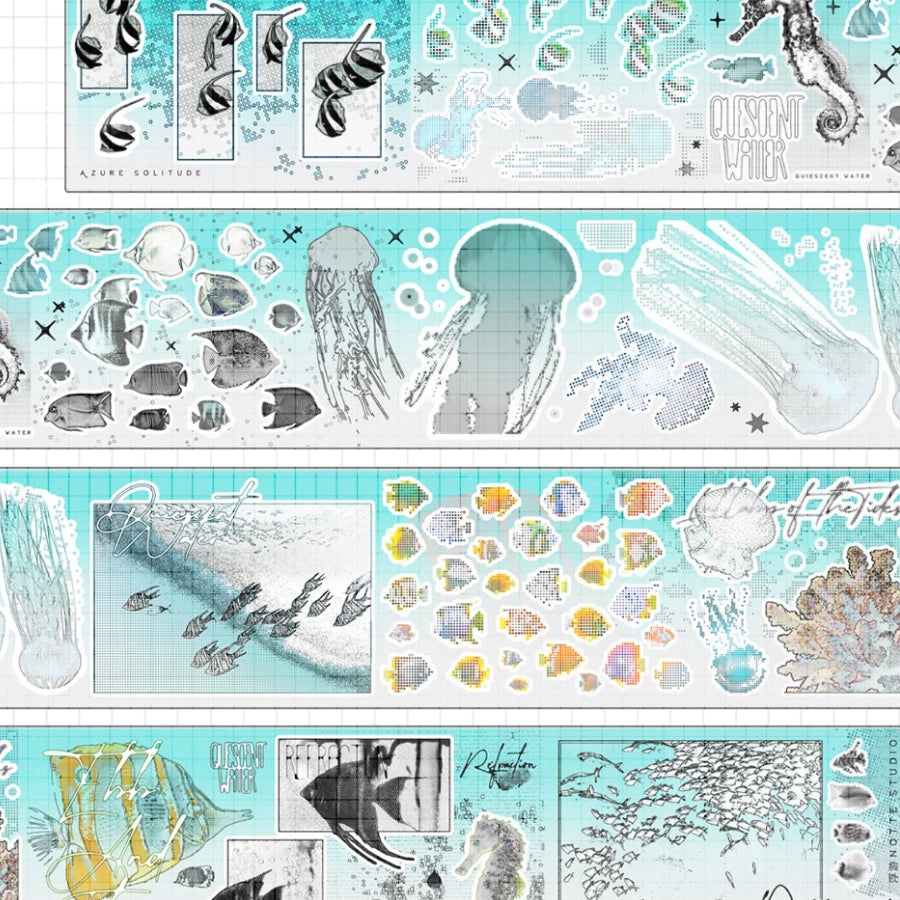 Floating sea life decorative tape with jellyfish, shells, fish, and aqua ocean panels