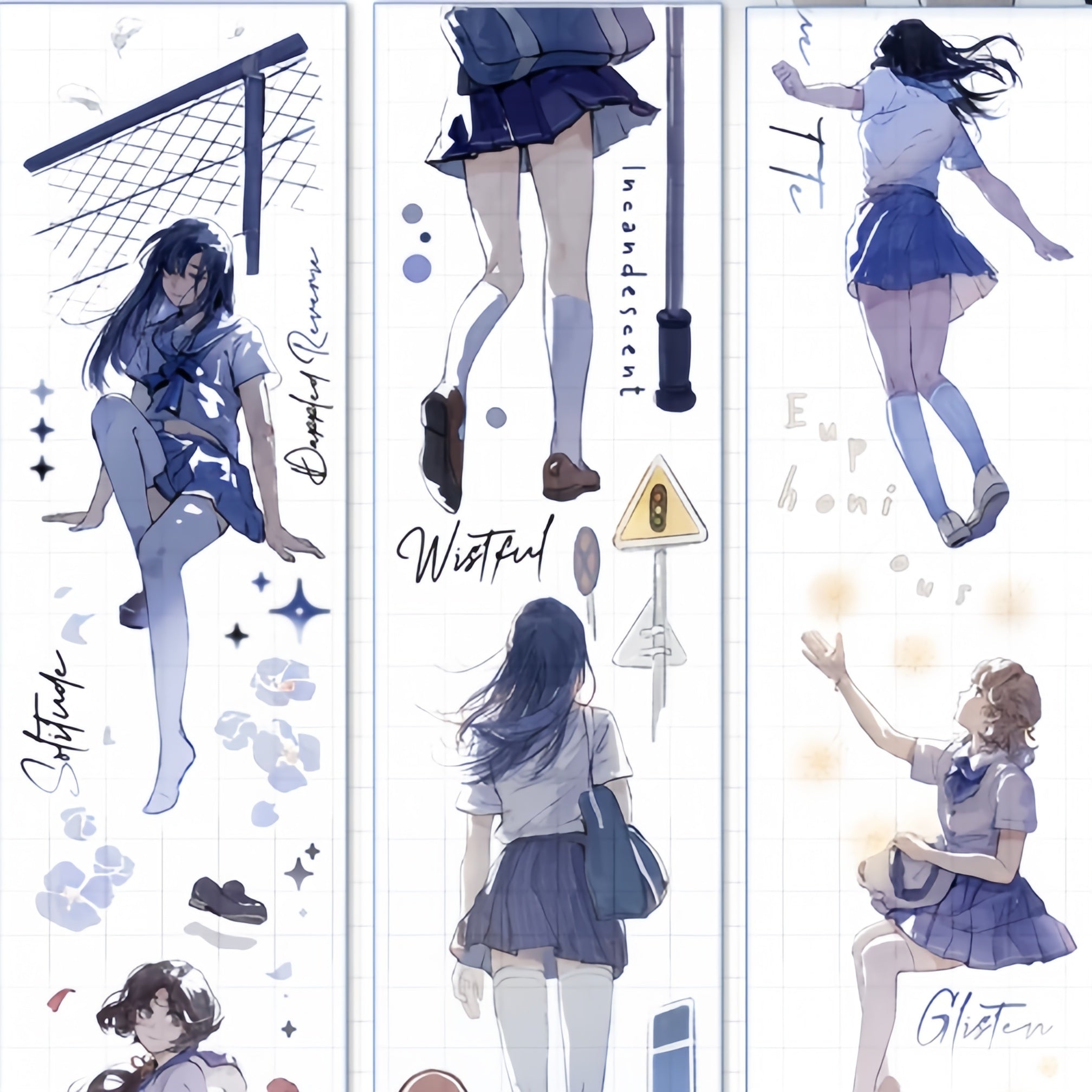 Backlit schoolgirl decorative tape with blue uniform character illustrations
