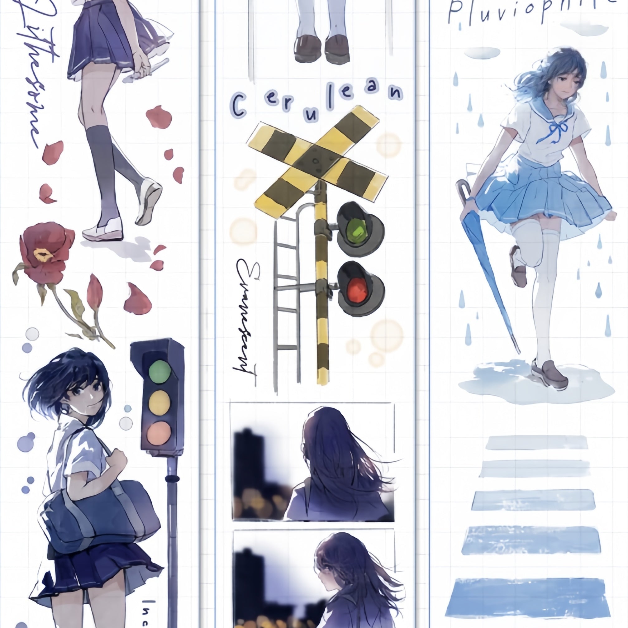 Backlit schoolgirl decorative tape with crosswalk, flowers, and blue-toned portraits