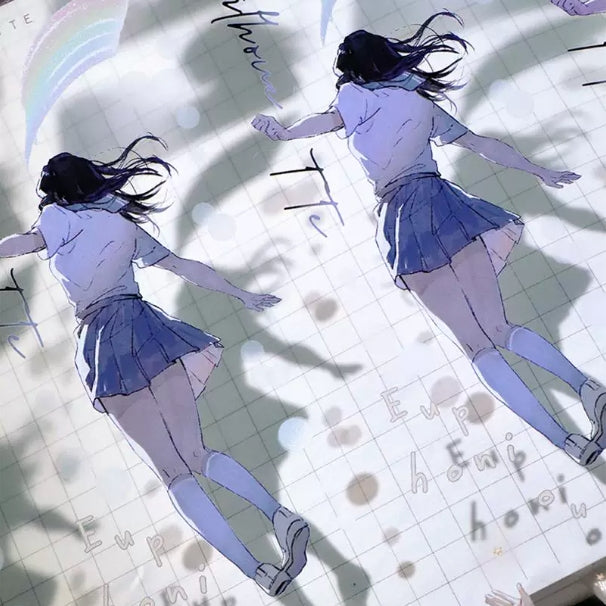 Backlit schoolgirl tape applied on journal paper with flowing hair character design