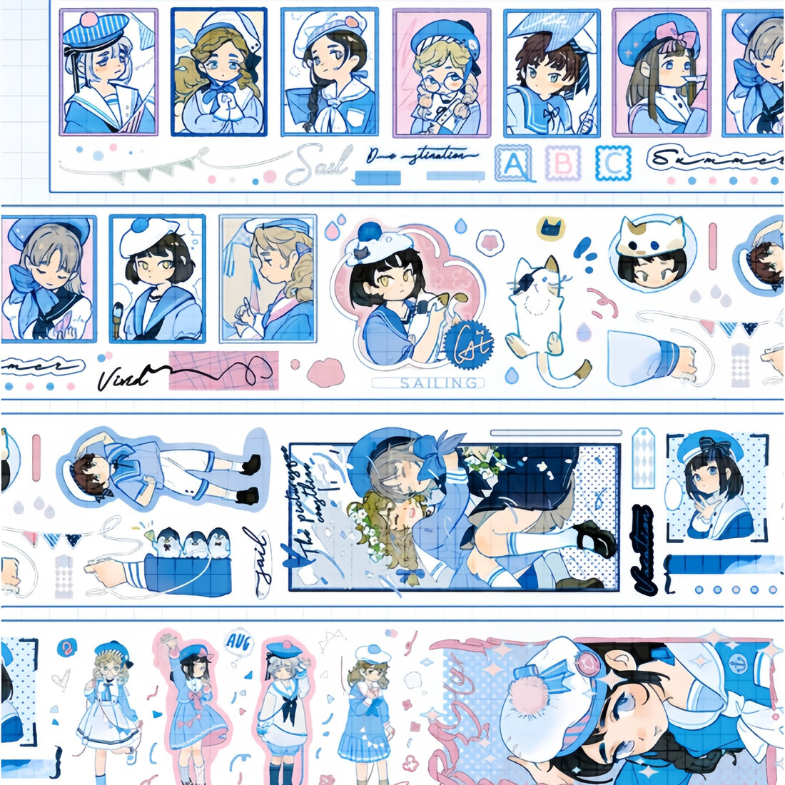 Sailor girl decorative tape with blue character portraits, cats, and stamp frames