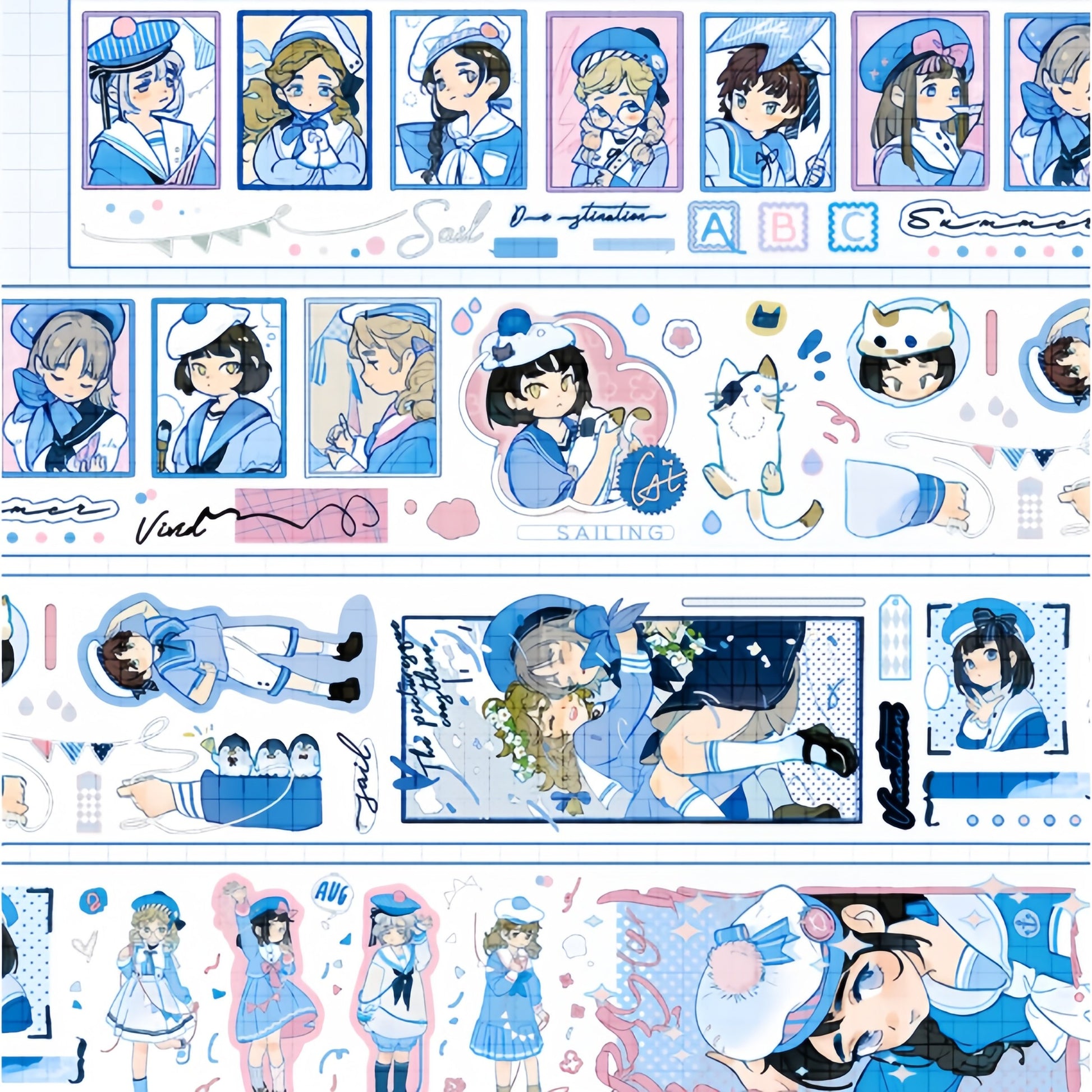 Sailor girl decorative tape with blue character portraits, cats, and stamp frames