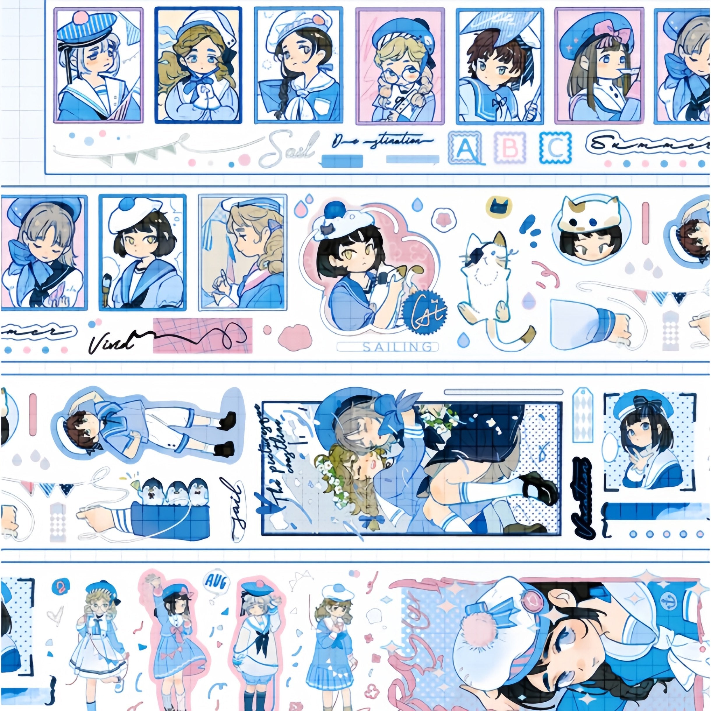 Sailor girl decorative tape with blue character portraits, cats, and stamp frames