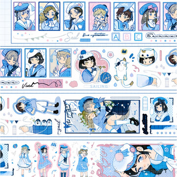Sailor girl decorative tape with blue character portraits, cats, and stamp frames