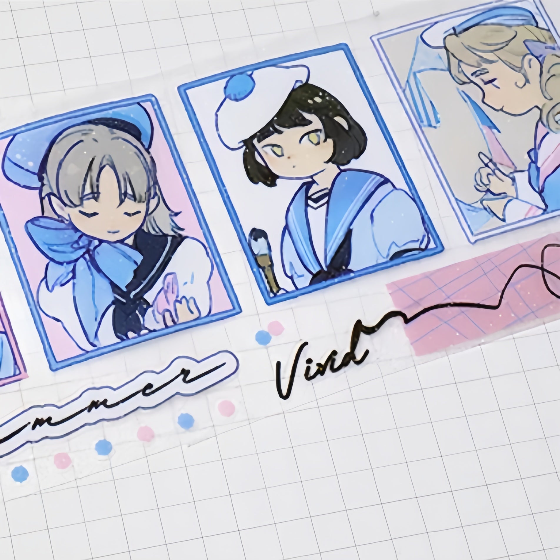 Sailor girl tape close-up with blue portrait frames and pink wave accents