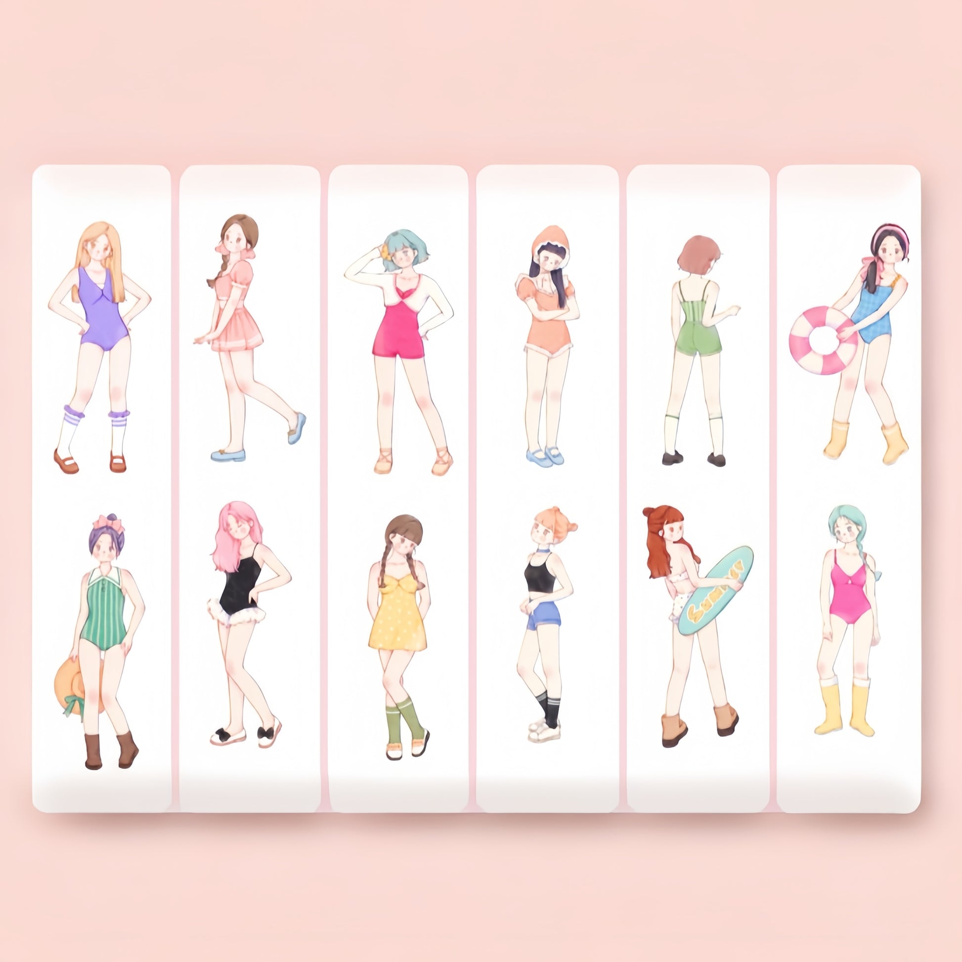 Peach Sea Salt girl tape layout with full-body character illustrations in soft summer colors