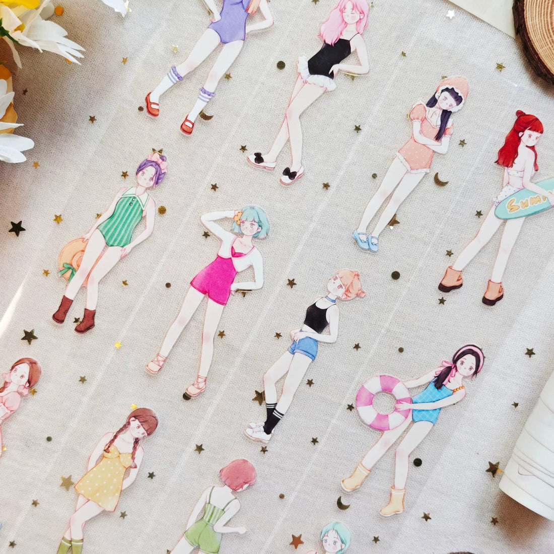 Peach Sea Salt Girl Decorative Tape with summer girl characters, peachy colors, casual outfits, and swim-ring accent