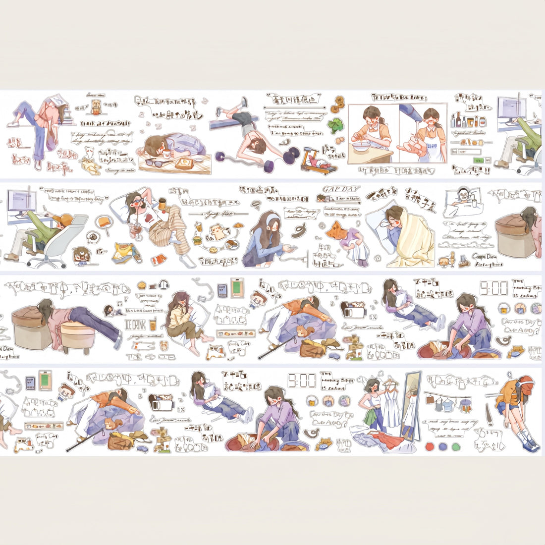 Whatever Mood character tape close-up with bundled-up girl, pillow, and casual handwritten text