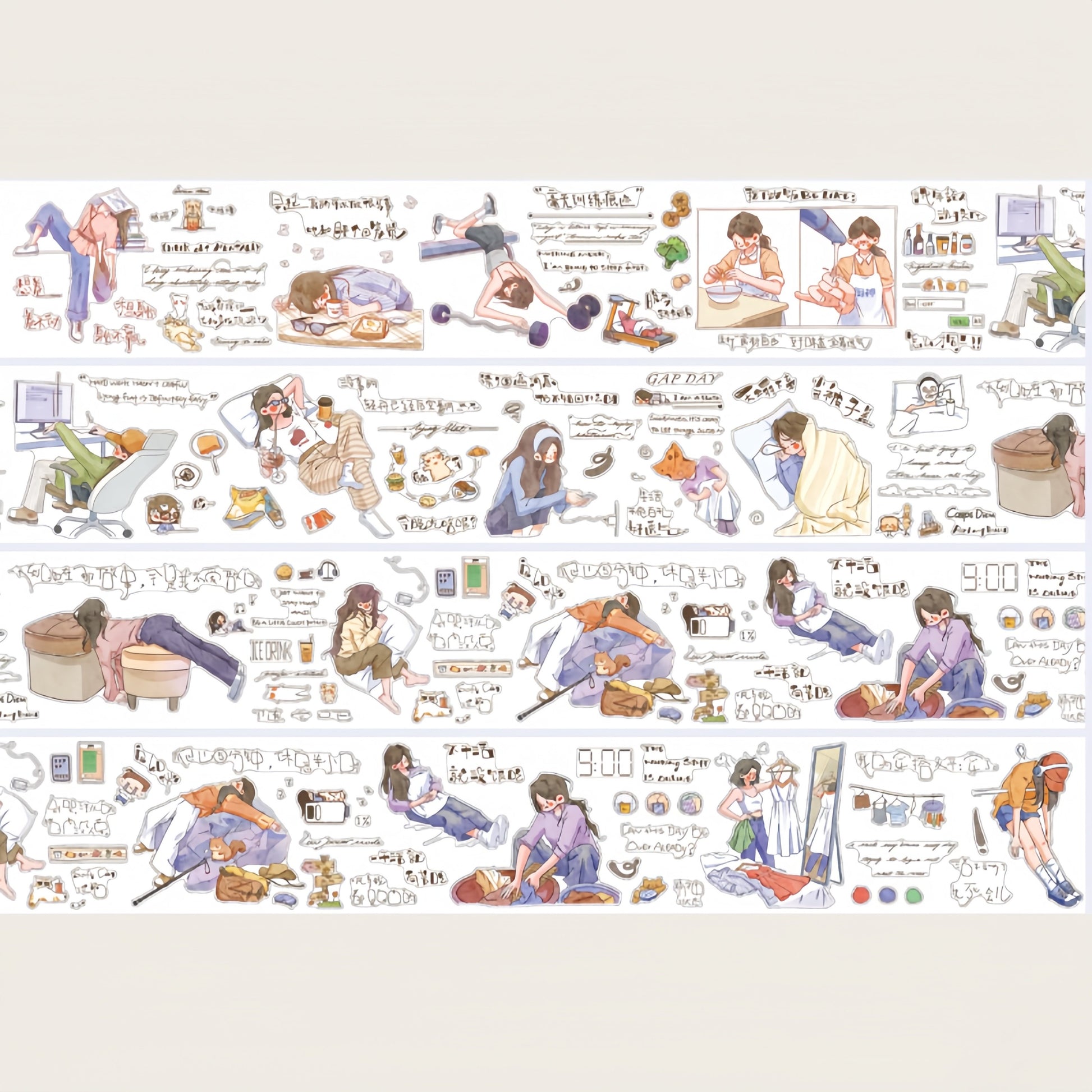 Whatever Mood Decorative Tape layout with casual character girls, lounging poses, snacks, and handwritten notes