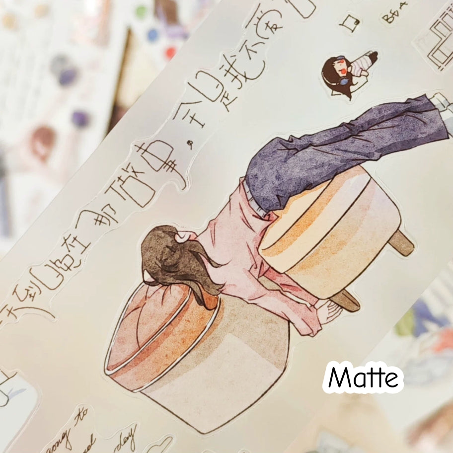 Whatever Mood Character Decorative Tape matte variant with relaxed girl illustration and soft handwritten notes