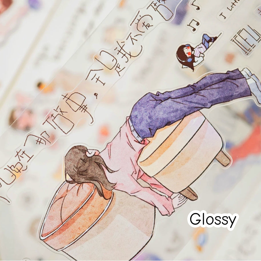 Whatever Mood Character Decorative Tape glossy variant with relaxed girl lying across a chair and handwritten text
