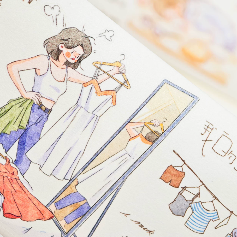 Whatever Mood character tape close-up with girl trying clothes in mirror and fashion details