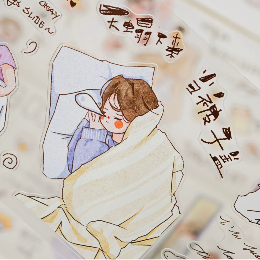 Whatever Mood character tape close-up with bundled-up girl, pillow, and casual handwritten text