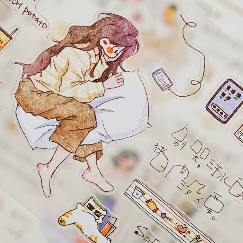 Whatever Mood character tape close-up with girl resting on a pillow and casual planner icons