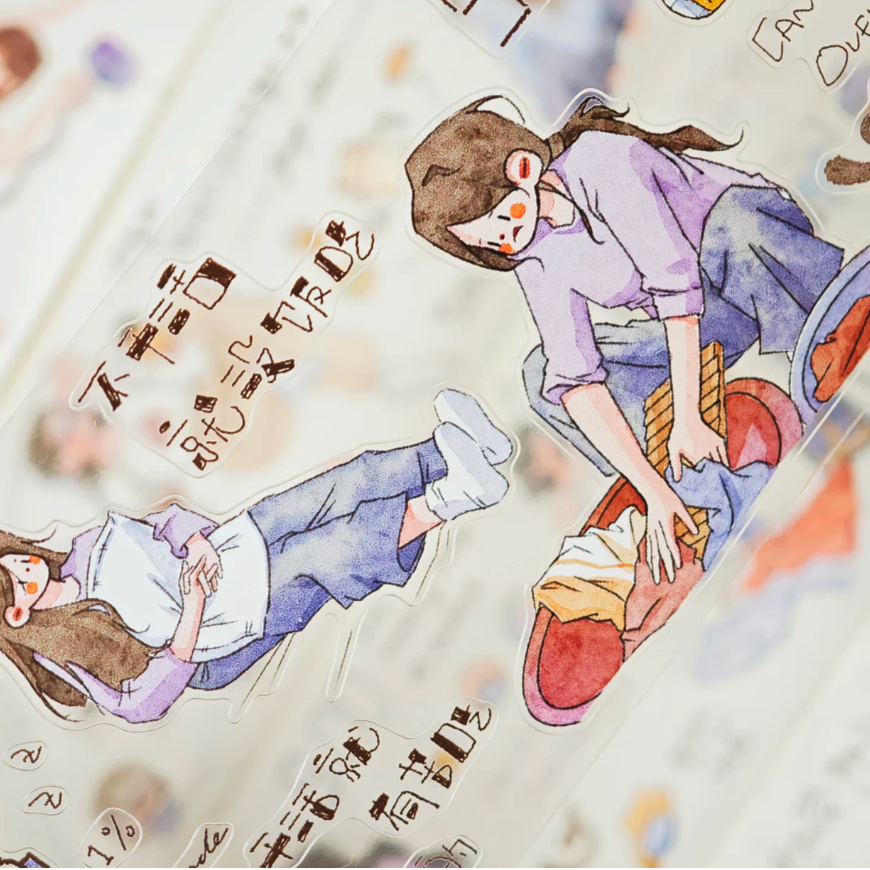 Whatever Mood character tape close-up with girl arranging clothes and soft diary notes