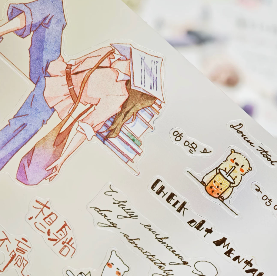 Whatever Mood Character Decorative Tape close-up with outfit pieces, cute icon, and handwritten accents