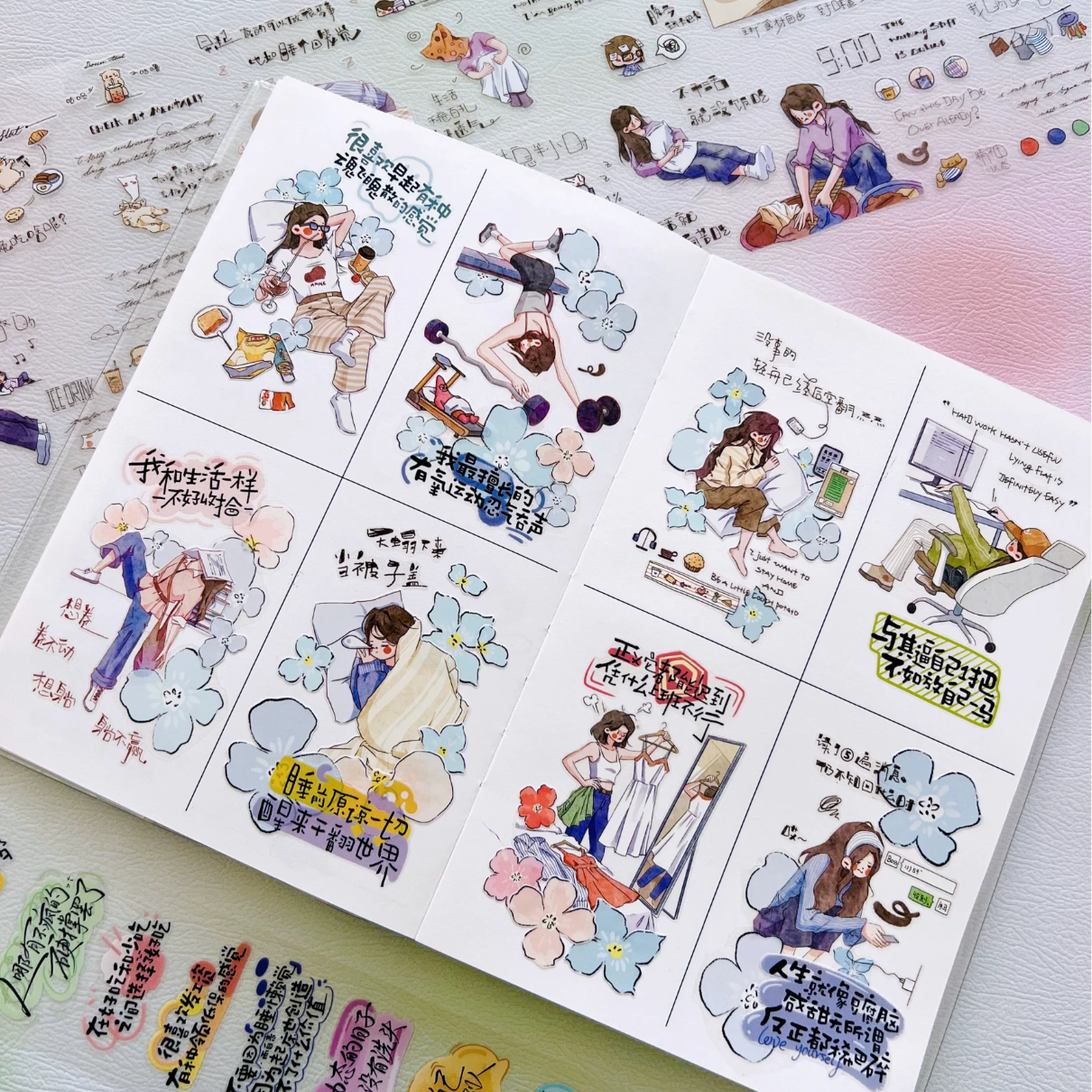 Whatever Mood tape used on a journal page with character stickers, speech notes, and colorful text accents