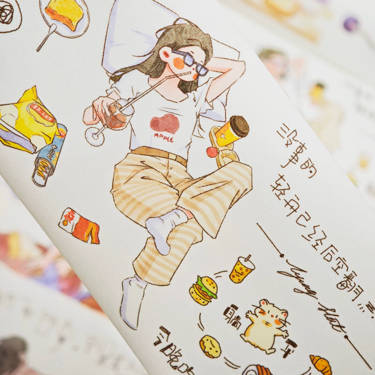 Whatever Mood character tape close-up with girl wearing glasses, snacks, and playful daily-life notes