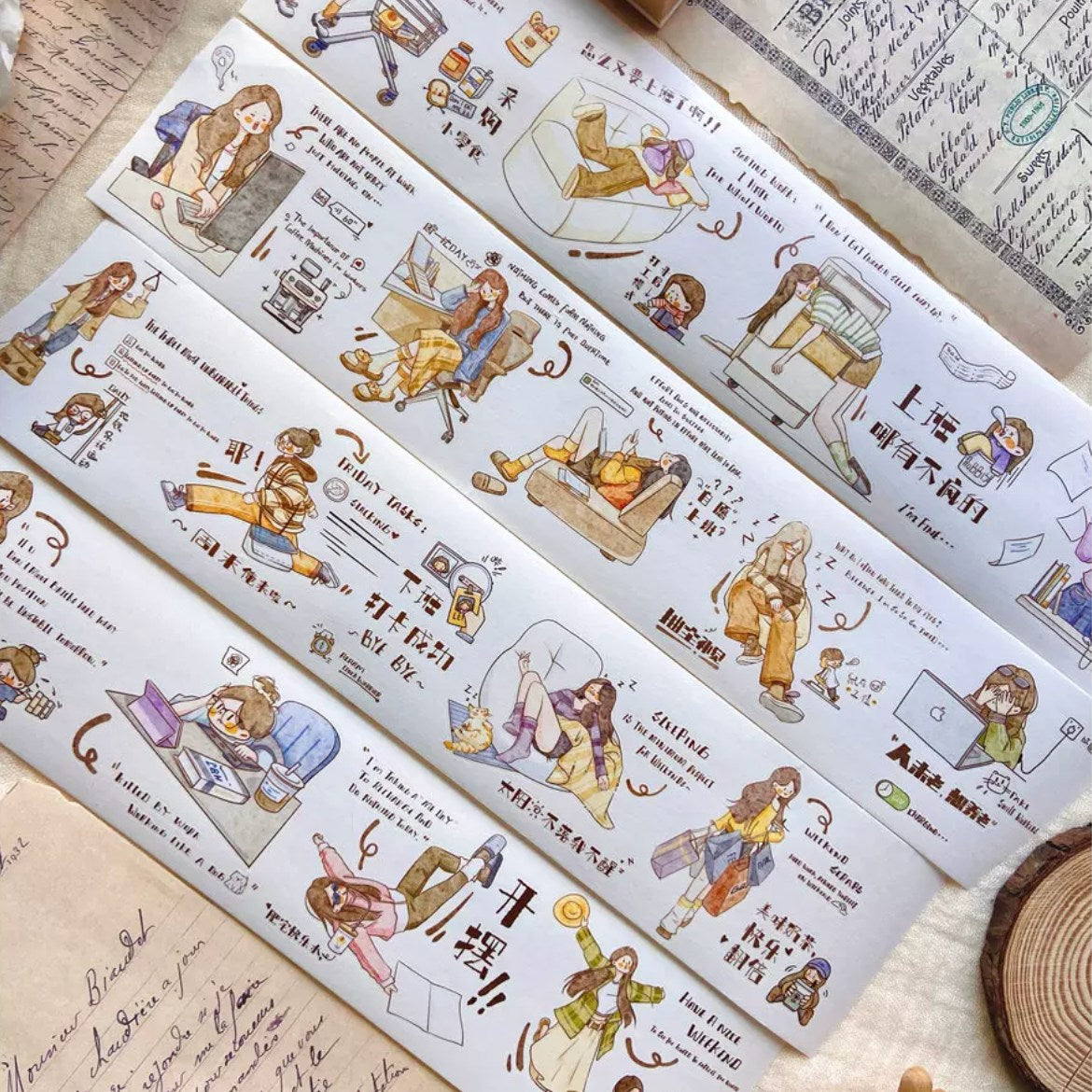 Workday Character Decorative Tape strips with office humor, laptops, chairs, and daily work character scenes