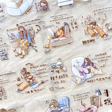 Workday character tape close-up with desk scenes, resting figures, office notes, and modern journal accents