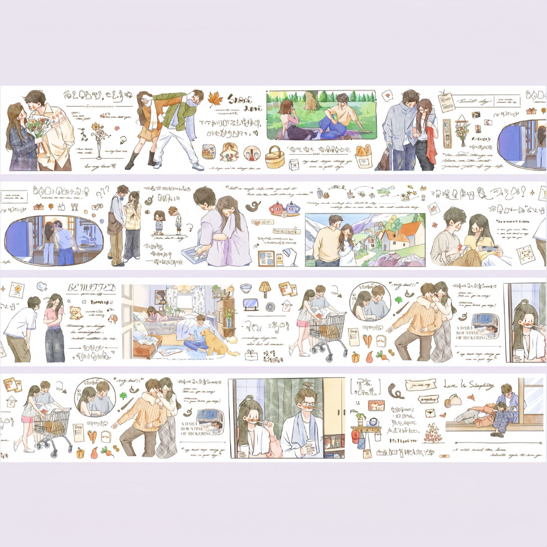 Shared Moments Character Decorative Tape layout with couples, friends, park scenes, photo frames, and cozy notes