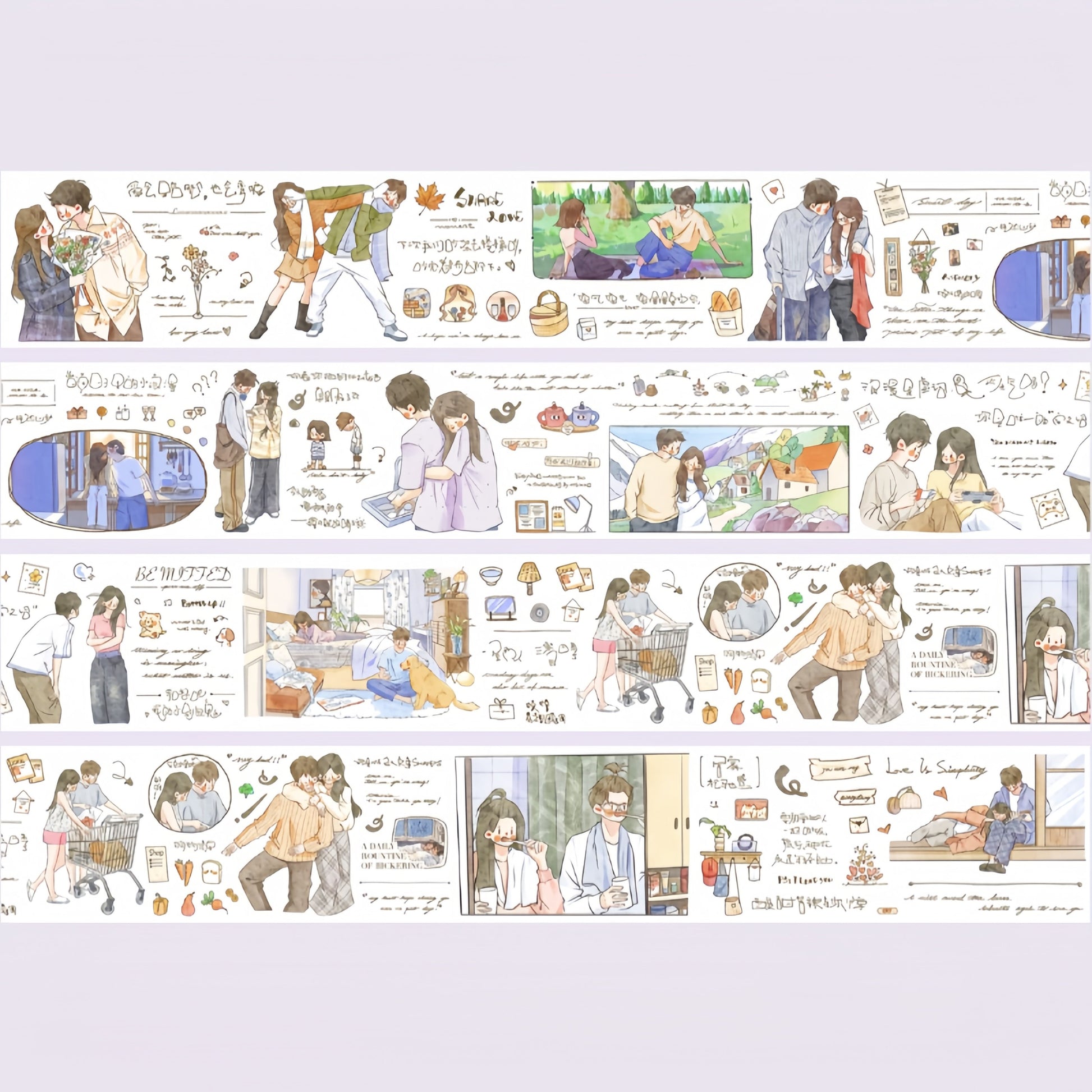 Shared Moments Character Decorative Tape layout with couples, friends, park scenes, photo frames, and cozy notes