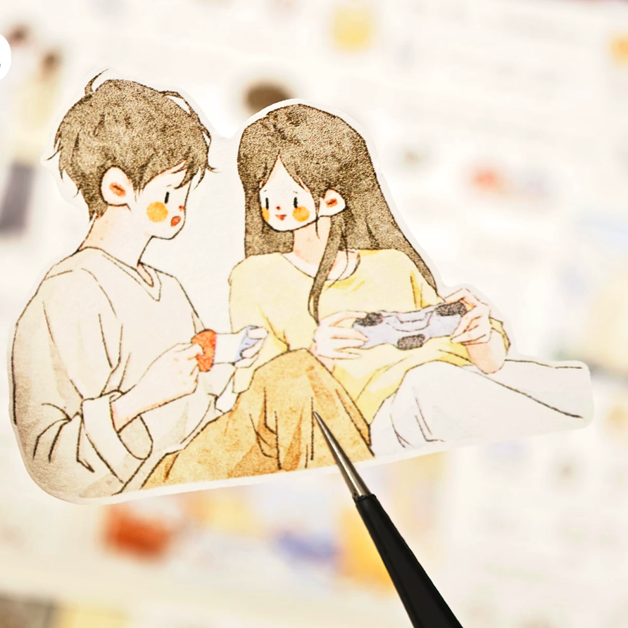 Shared Moments character tape close-up with seated couple holding cups and warm soft line art