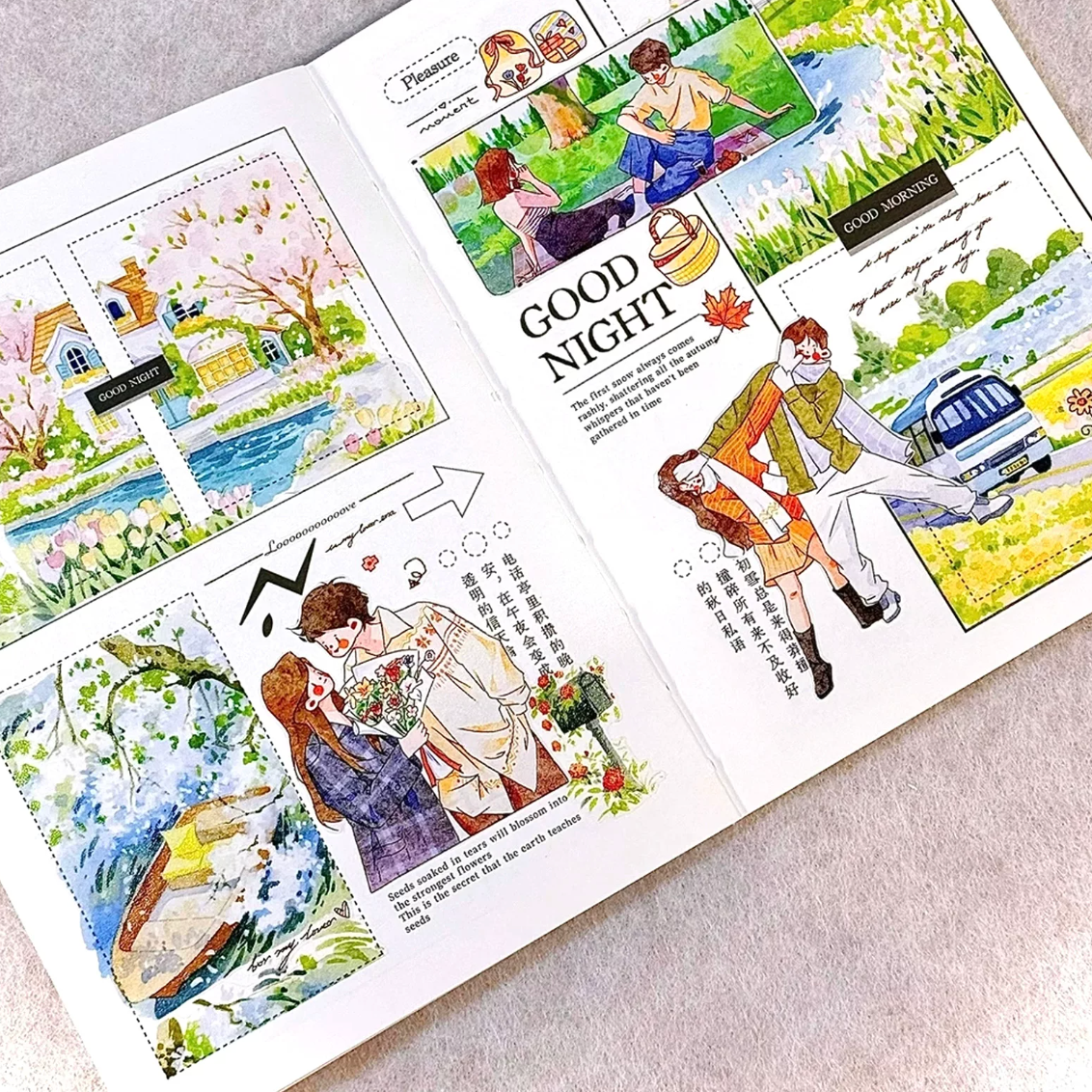 Shared Moments Decorative Tape used in a journal collage with park panels, good night text, and character scenes