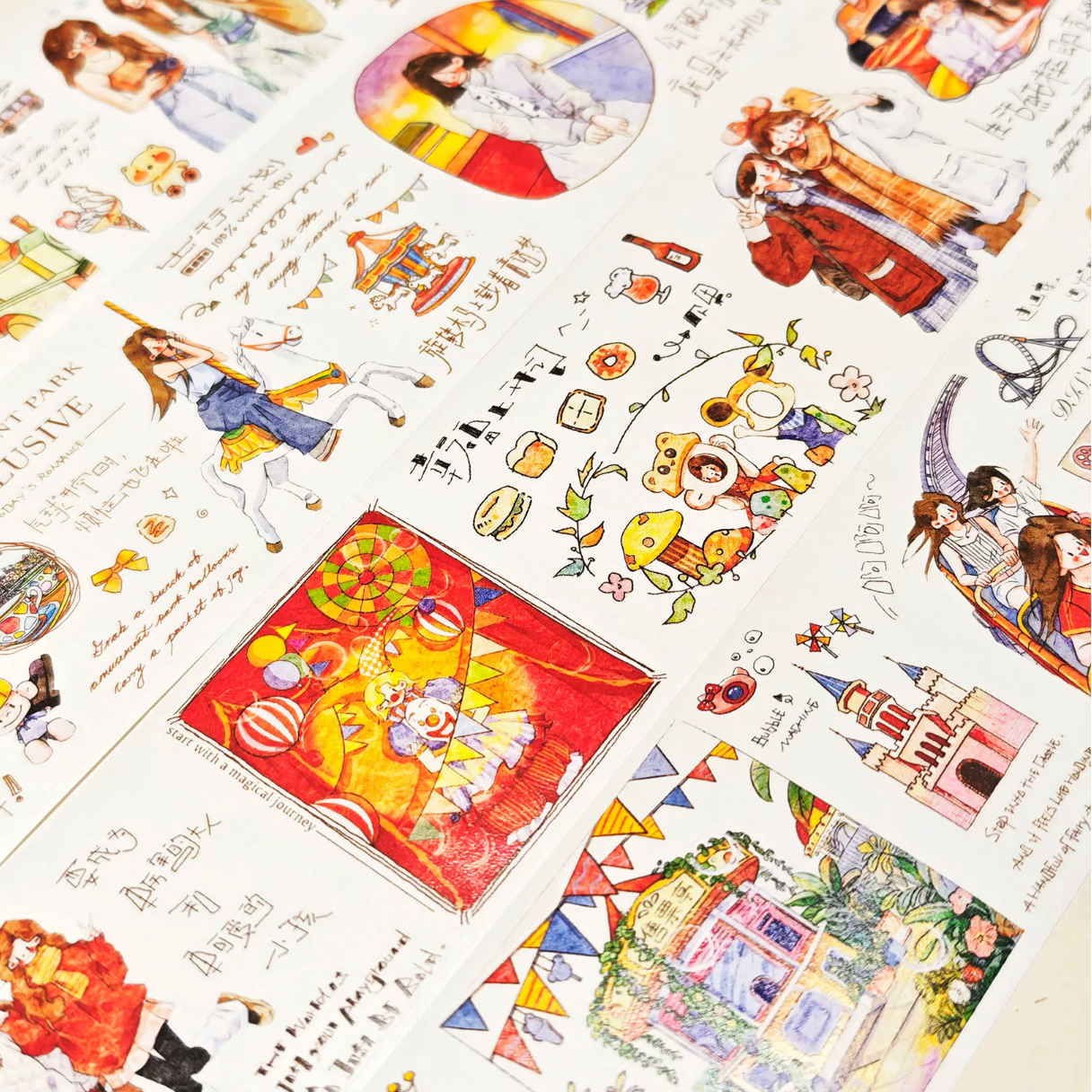 Amusement Park Character Decorative Tape with ride tickets, bear mascot, character scenes, and colorful park accents