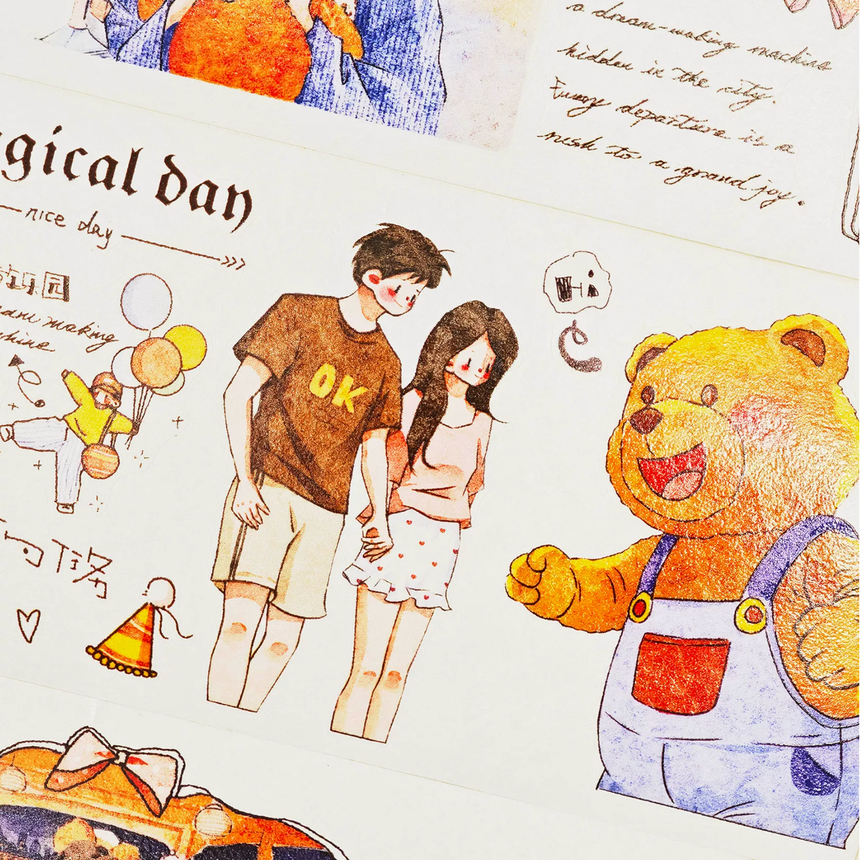 Amusement park character tape close-up with couple, balloons, teddy mascot, and original day text