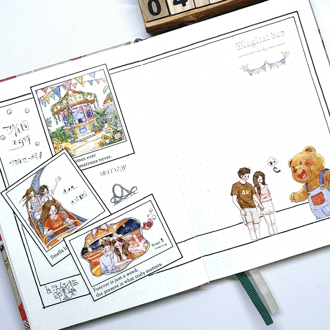 Amusement Park Character Decorative Tape used in journal pages with ticket frames and character scenes